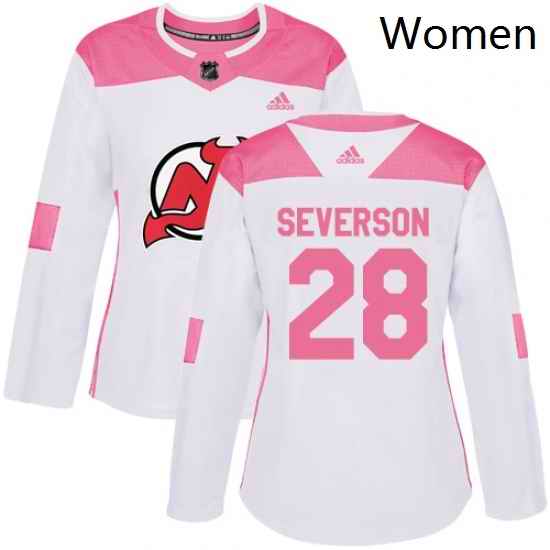 Womens Adidas New Jersey Devils 28 Damon Severson Authentic WhitePink Fashion NHL Jersey